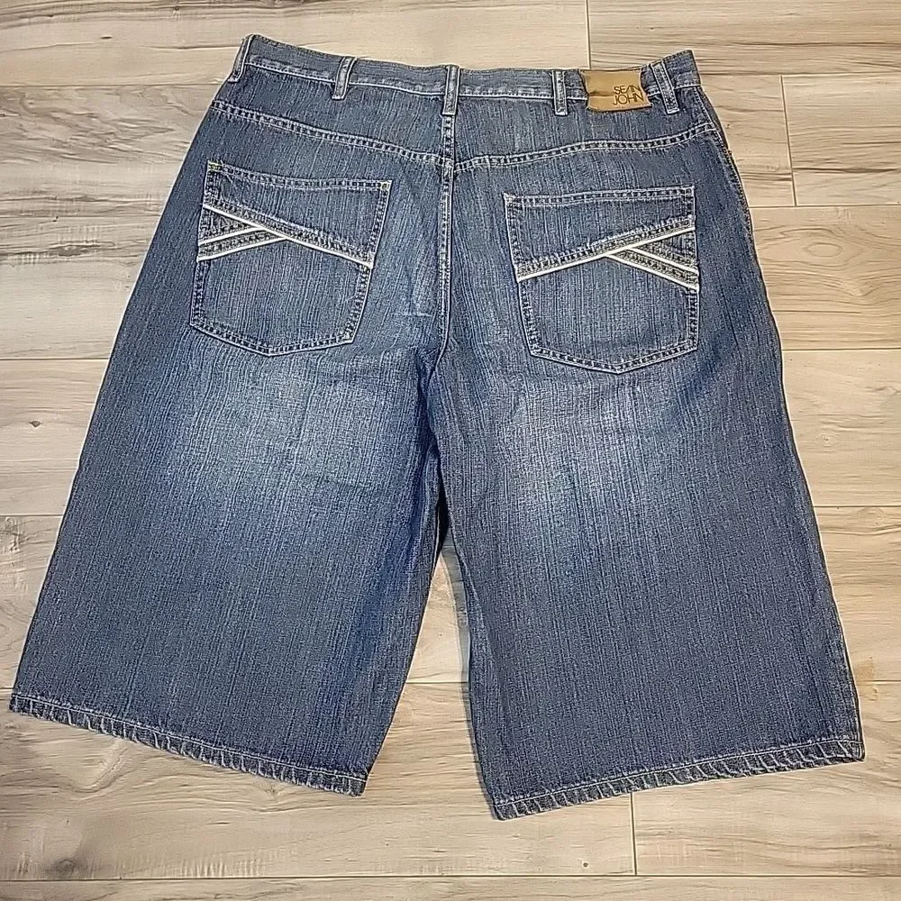 Sean John Jean Shorts Mens 38‎ Blue Denim Baggy Y2K Hip Hop Embroidered VGT